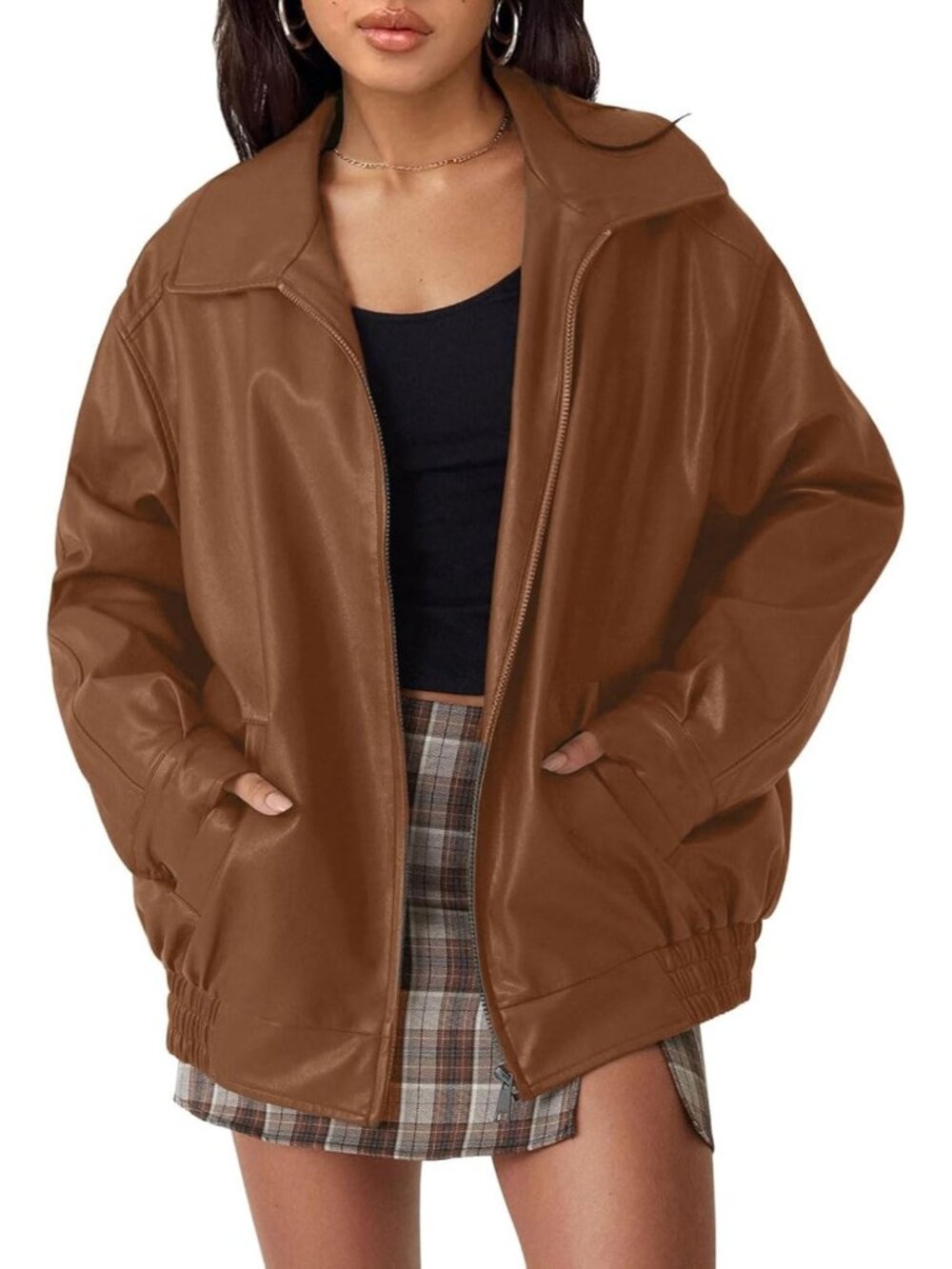 〽️ Women’s Camel Oversized Faux Leather ZIP Up Motorcycle Fall Winter Jackets